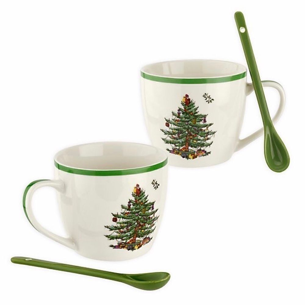 Spode 2 piece Christmas Tree Mugs and Spoons Set